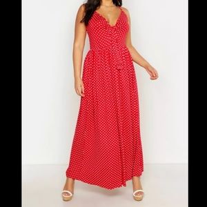 NWT Boohoo Red Plus Polka Dot Strappy Knot Front Maxi Dress, 16